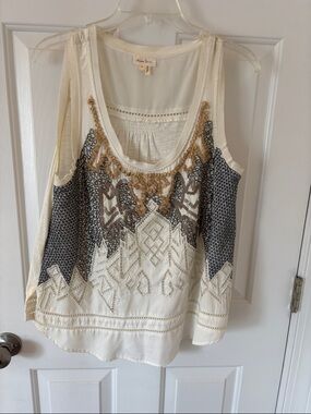 Meadow Rue Ivory & Black Embroidered Sleeveless Camisole with Gold Accents